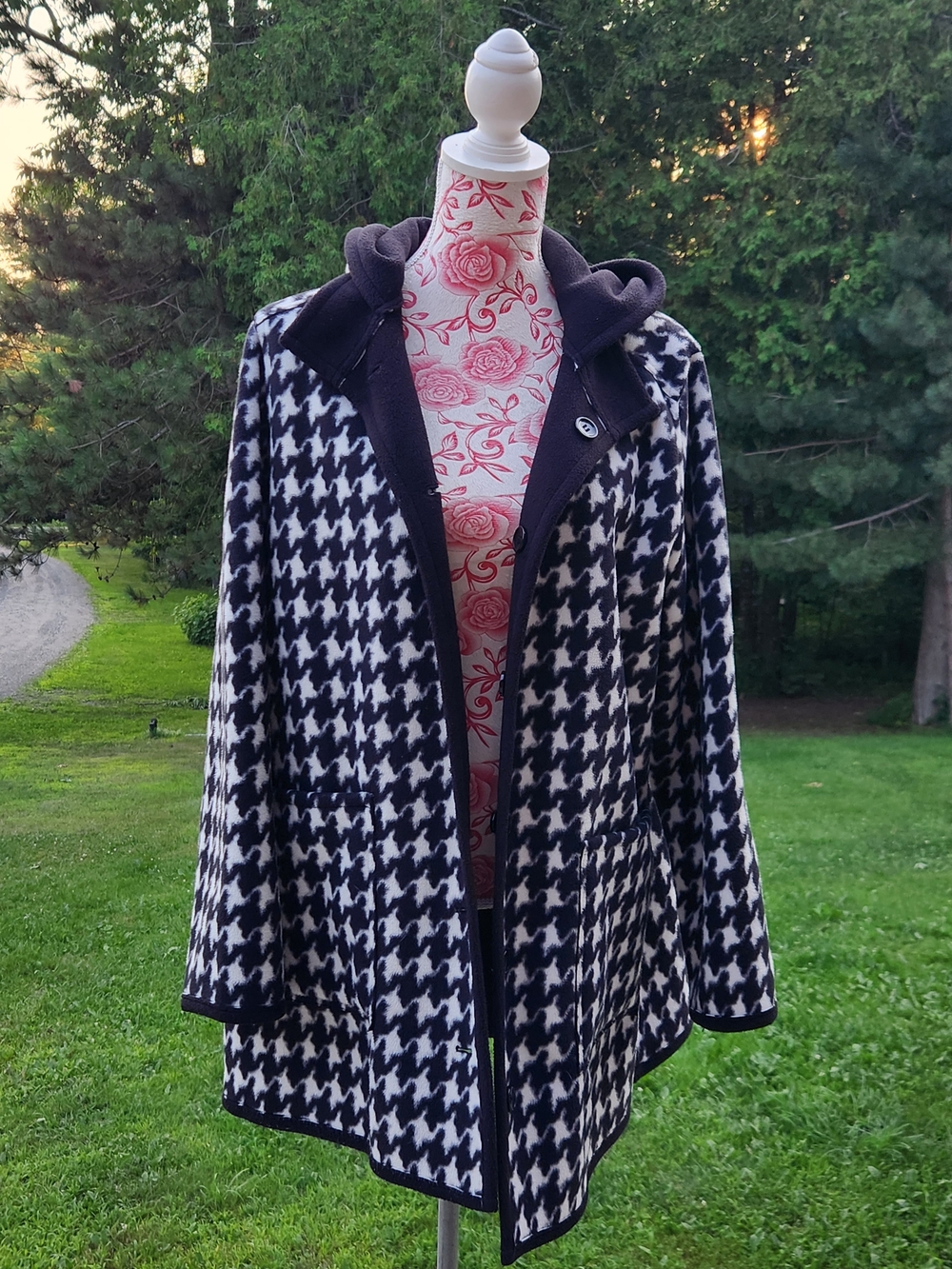 Susan Graver Black and White Houndstooth Hooded Pea Coat